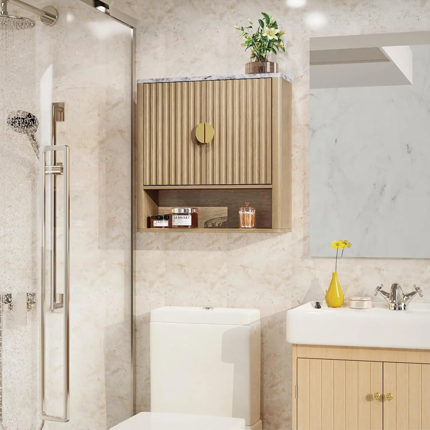 Contemporary Waterproof Wood Bathroom Wall Cabinet - 24x23x8in Wide Handle Storage Unit, Wall-Mounted Assembly Kit with Adjustable Shelves, Over-Toilet Organizer