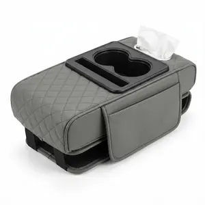 Luxury Car Armrest Organizer with Cup Holder, Quilted Leather Console Storage Box, Anti-Slip Design, Shock-Absorbing Pads, Tissue Slot, Multi-Functional Interior Accessory for Most Vehicles