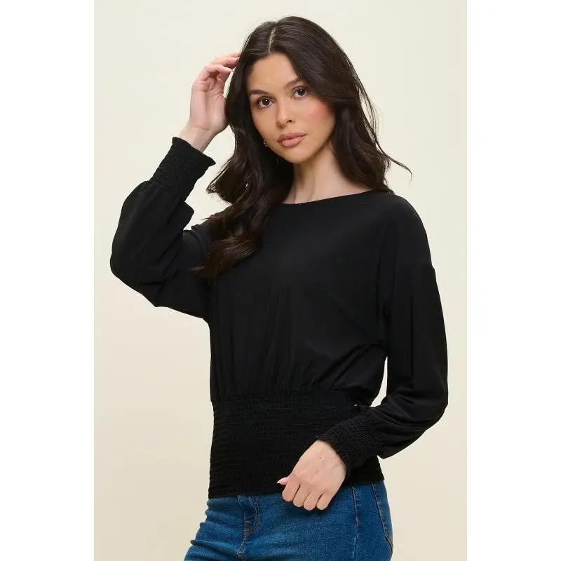 Dolman Long Sleeve Smocked Blouse - Black