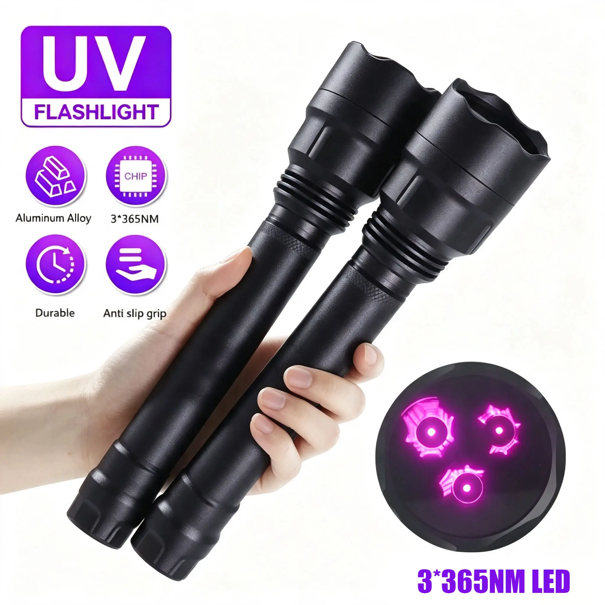 365nm Blacklight Flashlight - 15W Output Rechargeable LED Torch with Fixed Focus UV Lamp, Black Filter Lens, Lithium Battery for UV Resin Curing, Leak Detection