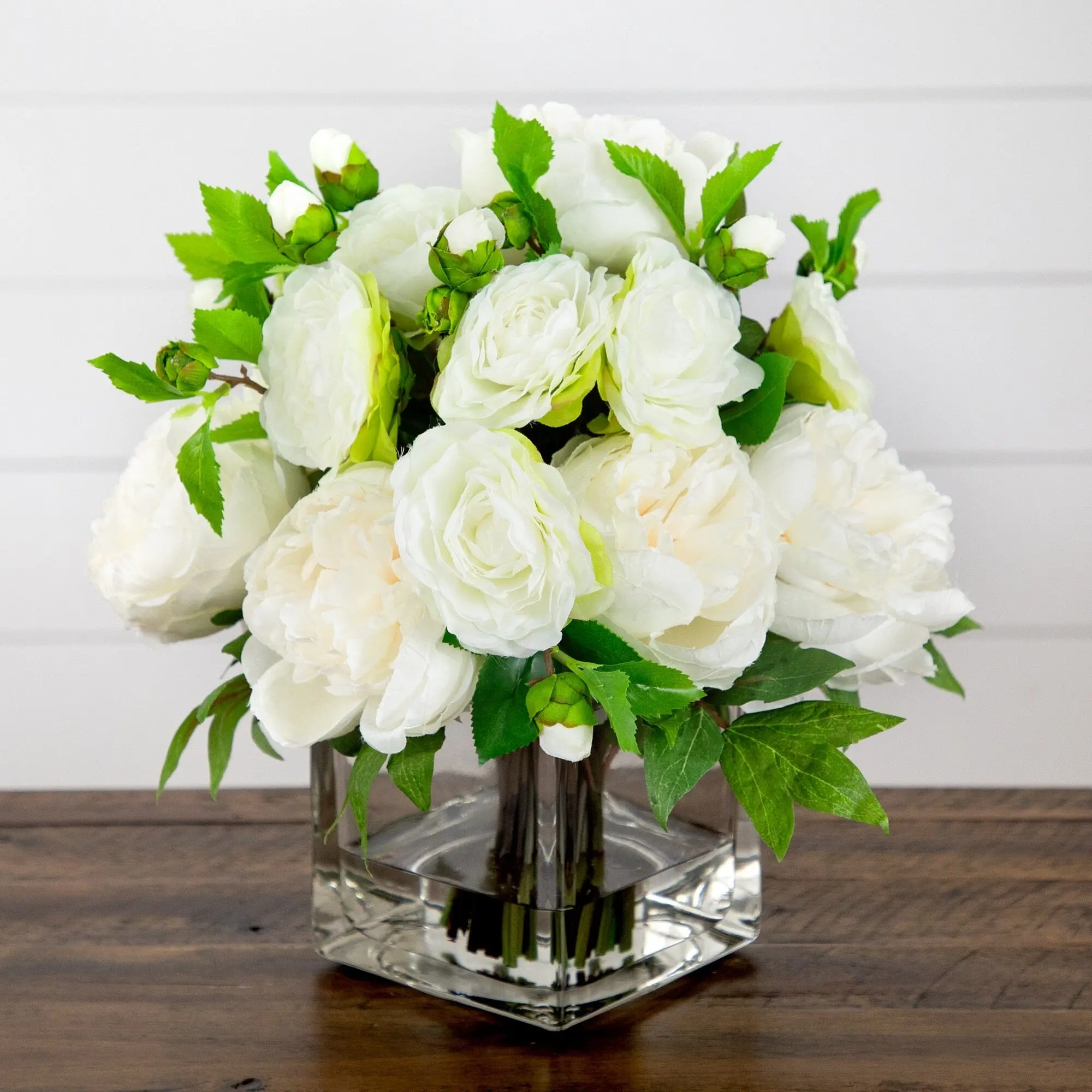 13" Silk Peony and Camellia Artificial Flower Arrangement in Glass Vase - Wedding Collection Home Decor Centerpiece