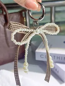 Chic Gingham Bow Pearl Keychain, Backpack Accessory, Unique Beaded Phone Case Charm, Simple Butterfly Knot Car Accessories, Stylish Keyring, Key Charms