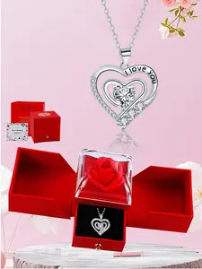 I love you Double Heart Birthstone Cubic Zirconia Necklace Silver Color Adjustable Chain with Sparkling Zircon, Rose Gift Box, Perfect Gift for Mom Wife Girlfriend