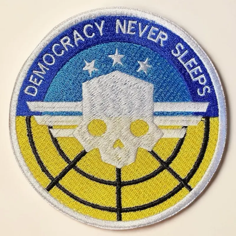 Helldivers Inspired Fan Gear Democracy Never Sleeps Patch Skull Emblem Morale Patch Blue Yellow Embroidered 3 4 5 Sizes Iron On Sew On Hook Backing