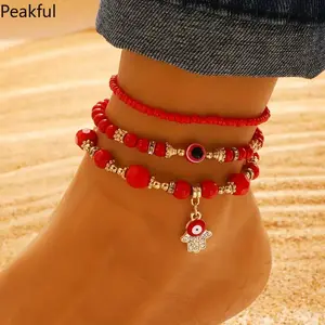 Colorful Handmade Beaded Anklet Bracelet Set 3PCS Bohemian Vintage Evil Eye Charm Elastic Ankle Chain Ethnic Vacation Travel Beach Foot Jewelry Perfect for Summer Beach Daily Wear Party Holiday Fashion Gift for Her