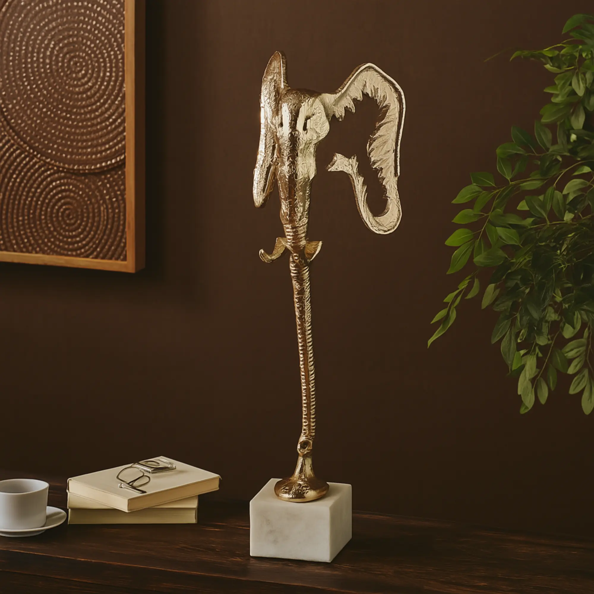 Abstract Glam Artistic Elephant Aluminum Metal Tall Cutout Silhouette Statue, Sturdy Decorative Sculpture with Marble Base, 9x9x27in Single Unit Home Decor for Room & Table, Ideal Gift