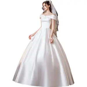 Women's Dress, Wedding Dress, Bridal Gown, Princess Dress, Satin Dress, Off-the-Shoulder, Wedding, Back Ribbon, Concert, Elegant, Formal