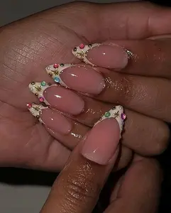 Rhinestone French Tip Press On Nails/Handmade Gel Nails In Medium Almond/Glue On Nails/False Nails/Birthday Wedding Prom Nails/Gift for Her