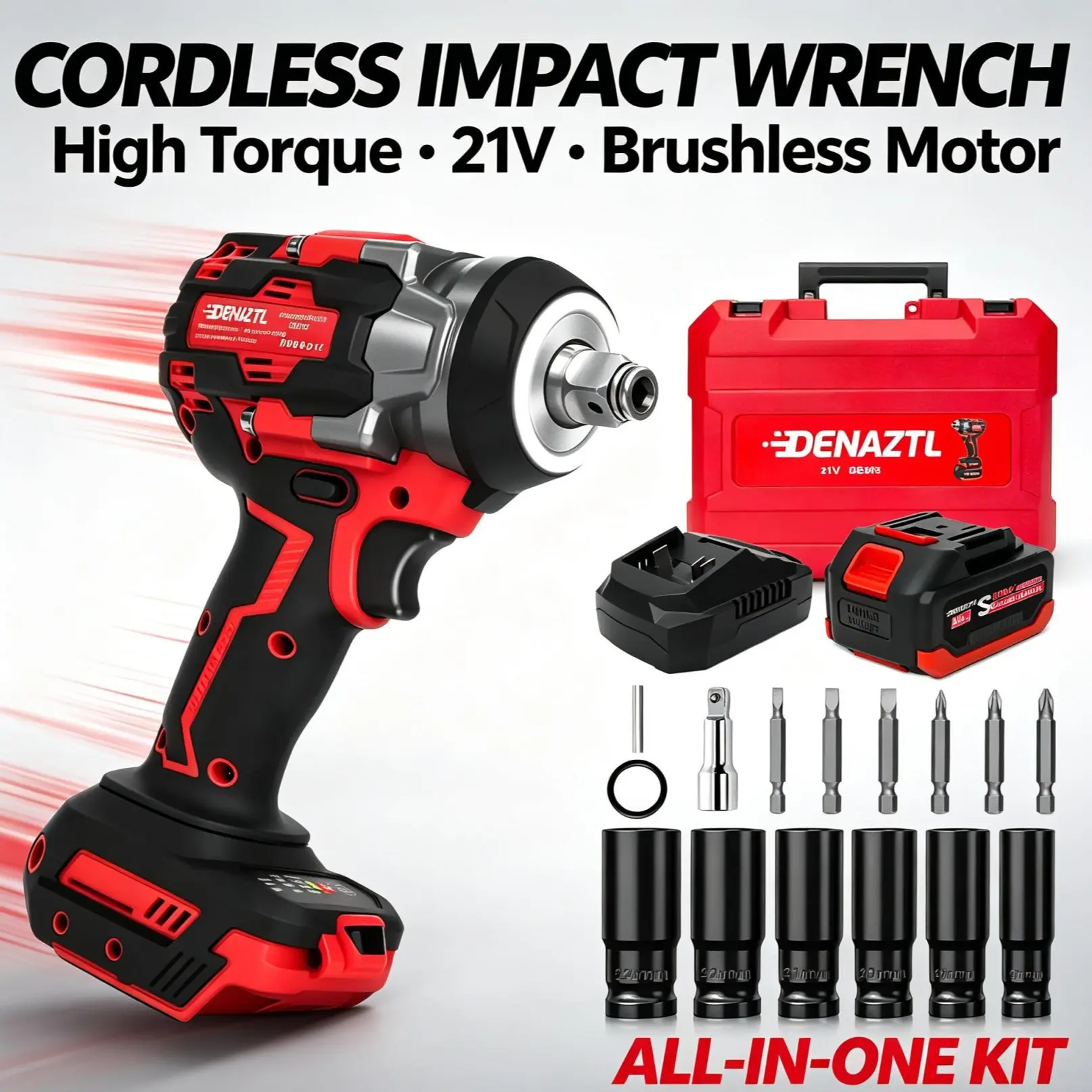 21V Brushless Cordless Impact Wrench Full Kit (21V Model), 1/2 Inch Drive, 450 Ft-lbs (600N.m) High Torque, 4.0Ah Battery, Fast Charger, 6-Socket Impact Socket Set, Carrying Case for Car Lug Nut Work & Family Use truck