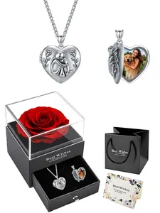 Heart Pendant Necklace, Vintage Heart Locket, Engraved Owner and Dog Hug Charm, Copper Pendant with Rose Gift Box, Perfect Memorial Gift for Wife, Girlfriend, Pet Lovers