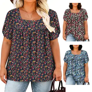 Plus Size Summer Tops for Women Floral Loosefit Petal Sleeve Tunics Lightweight Stretchy Flowy Front Pleated Blouses T-Shirts  XL-5XL VPS0119