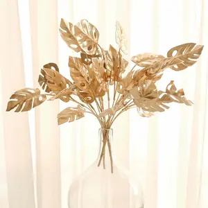 4-Pack Artificial Monstera Leaves Bushes 14" Metallic Gold - Lush Hawaiian Luau Jungle Themed Tropical Palm Leaf Decor Floral Accent
