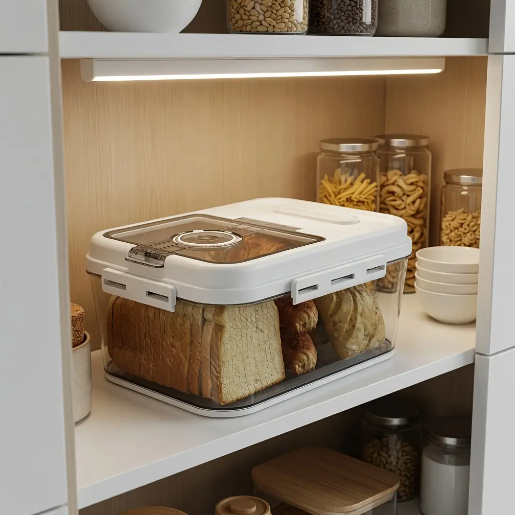 Airtight Bread Storage Container, Flip Top Bread Box for Kitchen Countertop, Ideal for Homemade Bread, Cookies, Cereals and Fruits, Comes with Bread Clip and Measuring Cup, Elegant White Household Food Keeper Handy Utensils