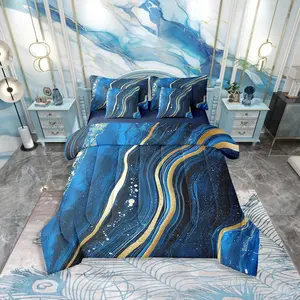 Feelyou Boys' 7-Pieces Ocean Blue and Gold Glitter Marble Bedding Set - Stone Pattern Comforter-In-A-Bag Collection