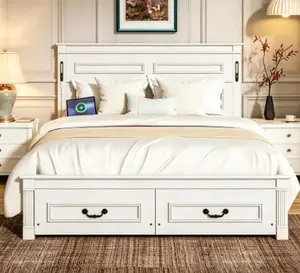 Queen Size Pinewood Bed Frame with Tall-Panel Headboard, Footboard, 2 Storage Drawers, Built-in LED Lights, USB Charging Station & Strengthened Structure
