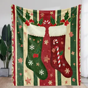 1pc Vintage Christmas Stocking & Holly Candy Cane Print Flannel Blanket - Soft Warm All-Season Throw for Sofa, Bed, Car, Office,