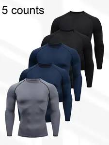 5-Piece Set Men's Long Sleeve Compression Athletic Fitted Breathable Shirts, Quick-Dry Fitness Base Layer T-Shirts, Solid Color Running Tops for All Seasons, Athletic Training Apparel
