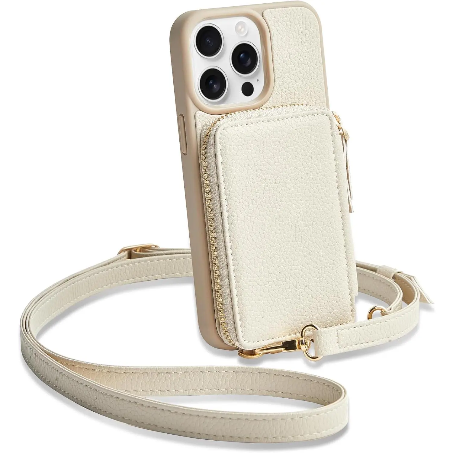 for iPhone 15 Pro Max Wallet Case, Crossbody Card Holder Phone Purse for Women, RFID Blocking Zipper Leather Cover with Wrist Strap for iPhone 15 Pro Max (6.7 inch)- Beige