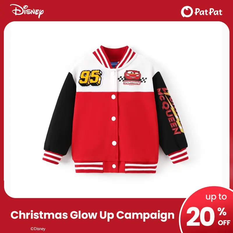 PatPat Disney Cars Lightning McQueen Toddler Boys Varsity Jacket - Red-White-Black Colorblock Bomber Coat with Chenille 95 Patch, Snap-Button Baseball Outerwear