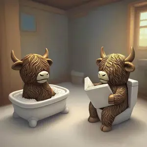 Highland Cow Bath Decor, Realistic Plush Texture, Choose Bathtub or Toilet, Mini Tub with Legs, Foam Decoration Included