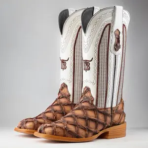 Tan Jumbo Pirarucu Print Leather Boots - Square Toe