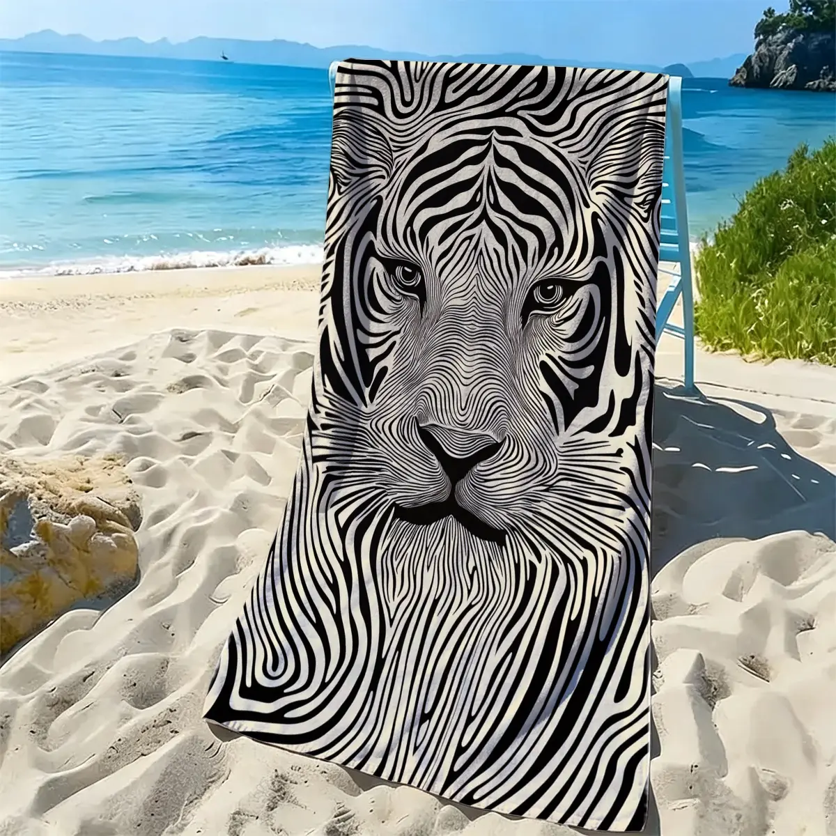 Line Art Tiger Face Beach Towel, Black White Striped Animal Print Quick Dry Towel Available in 20×40in 28×55in 31×71in Sizes, Microfiber Lightweight Towel For Beach Pool Travel Bathroom