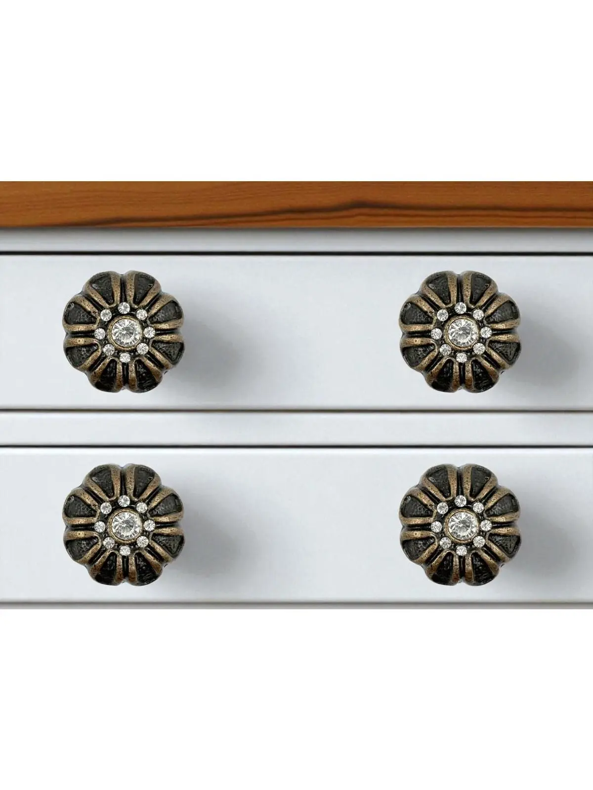 212 MAIN Black & Gold Iron Distressed Finish Faux Crystal Scalloped Cabinet Knobs - Set of 6, Gold-Accented Floral Decorative Handles, Easy-Install with Included Screws