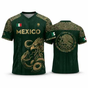 2026 Men’s Mexico Soccer Jersey, Mexican Aztec Eagle & Snake Graphic V-Neck Football Fan Shirt, All-Over Print Classic Jersey