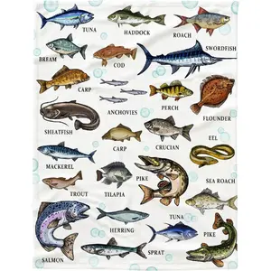 Types of Fish Print Flannel Fleece Throw Blanket, Ultra Soft Fluffy Fuzzy Blanket for Living Room Bedroom, Perfect Fishing Gifts for Dad, Grandpa, Kids & Adults