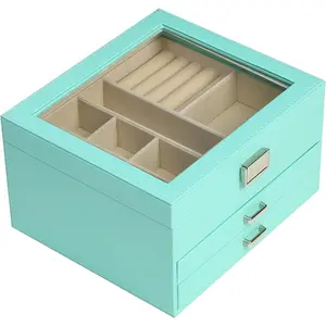 Clear Lid Jewelry Box,3 Jewelry Organizer Large Multi-Functional Jewelry Box with 2 Drawers,Jewelry Display Case of Rings Earrings Necklace Bracelets for Girls (Turquoise)