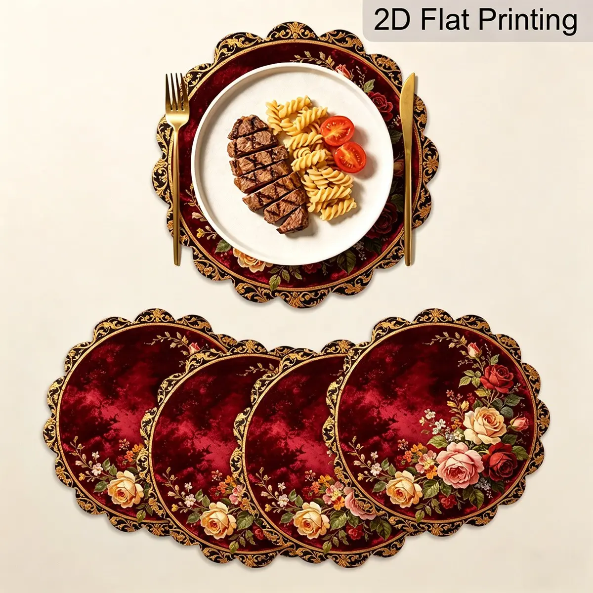 4pcs/set Vintage Velvet Red Rose Placemats, Light Luxury Hot Stamping Patterned Table Mats, European Classical Style, Suitable for Wedding Banquets, Family Gatherings, Restaurant, Hotel, Homestay Table Decoration