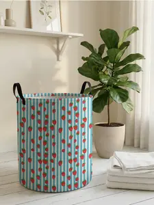 1 piece of strawberry stripe pattern 2D printed open storage box, double handle reinforcement + foldable storage | dirty laundry storage/toy organization/home decoration all-purpose match