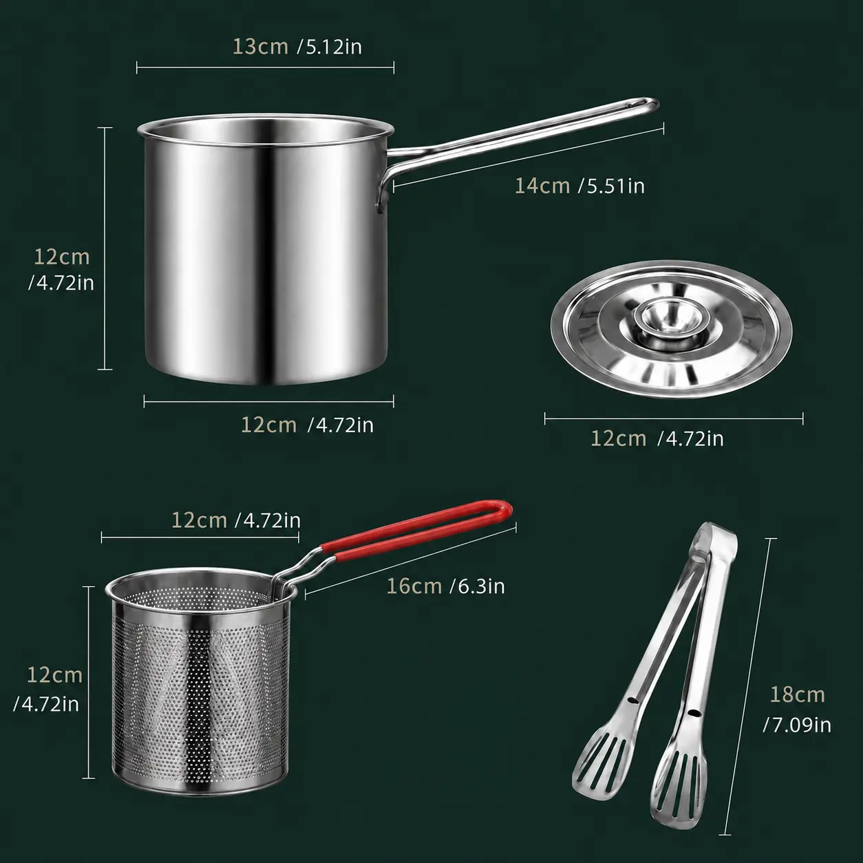 Stainless Steel Deep Fryer Set - 5.12*4.72in 1-Person Mini Pot with Fry Pot, Filter Basket & Food Clip, Rust-Resistant Portable Cookware for Home Kitchen Chips, Chicken Wings