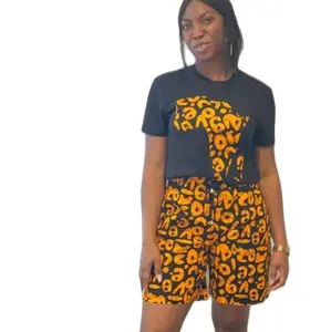 Ankara Map Set Black Tee and Shorts with Bold Orange Graphic Print for Stylish Comfort