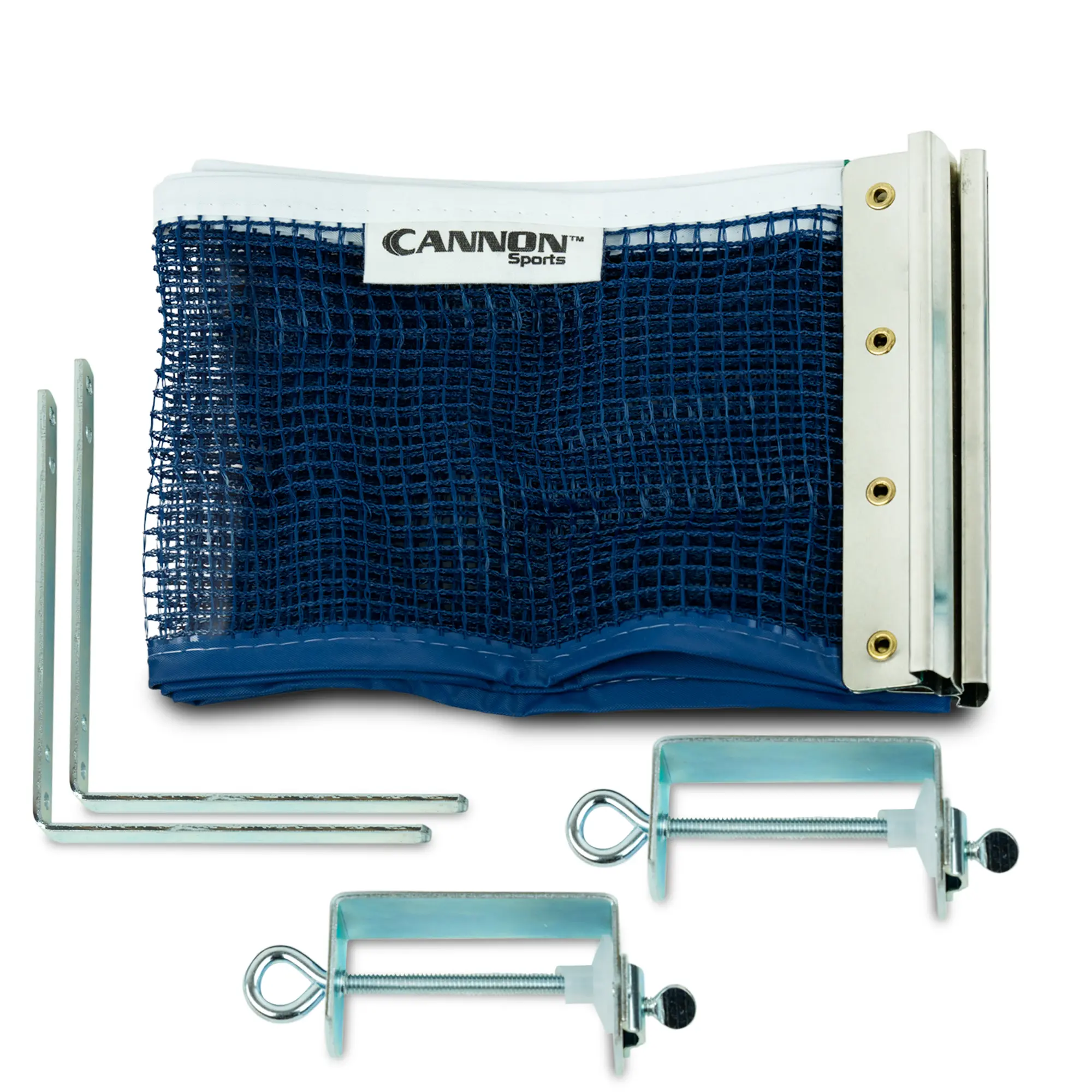 Cannon Sports Table Tennis Net & Post Set - Regulation Size Blue Net with White Headband and Slip-On Metal Fasteners, Compatible with Standard Systems up to 2.5 Inches Thick