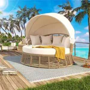 Outdoor Patio Rattan Round Daybed with Retractable Canopy, Wicker Furniture Round Poolside Sofa Sunbed with Removable Cushions (Beige/PE)