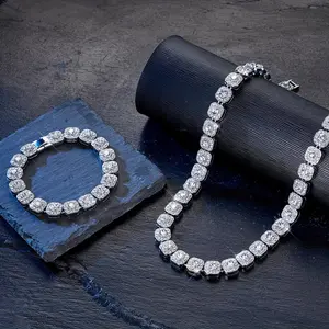 Men's Hip Hop Square Chain Necklace and Bracelet Set with 10mm Width Ice Crystal Rhinestone Charm, Versatile Design for Any Occasion