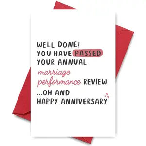 1PC Humorous Anniversary Greeting Card, "Marriage Performance Review" Wordplay Design for Spouses, Perfect for Playful Wishes to Husband/Wife, Vertical Cards