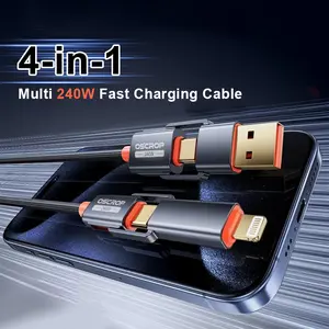 240W 4-in-1 Multi-device Charging Cable with USB-A,Type-C,Lightning - MAX240W Fast Charging & Data Sync for iPhone16/15/14/13,iPadPro, Samsung & Laptops fast charger usb cable 4-in-1  usb-c data 4 1charging cable