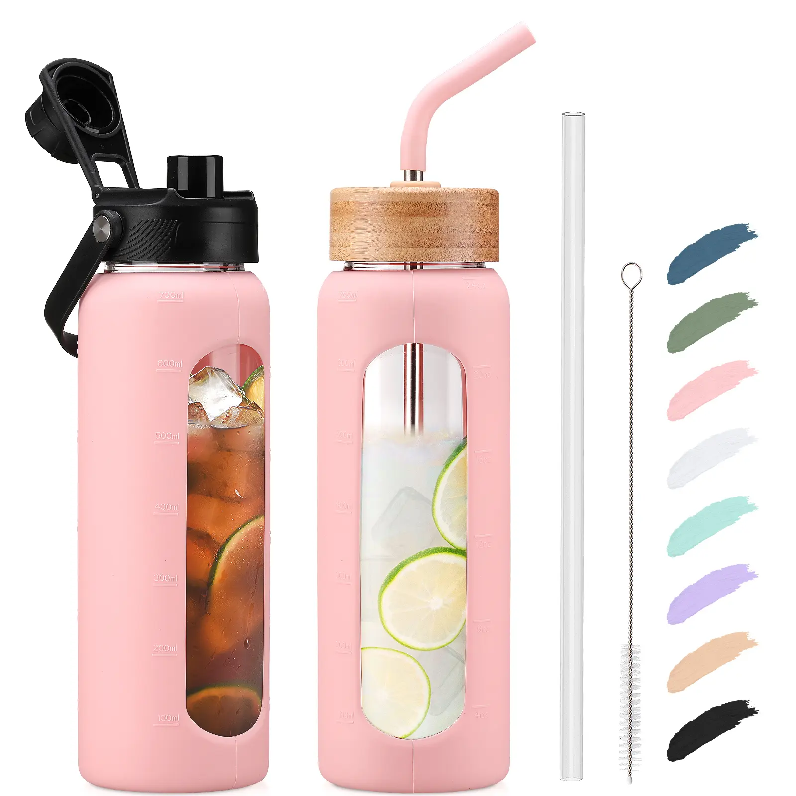 BLUEGO 24 32 oz Water Bottle with Straw, Glass Water Bottle with 2 Lids  Bamboo Straw