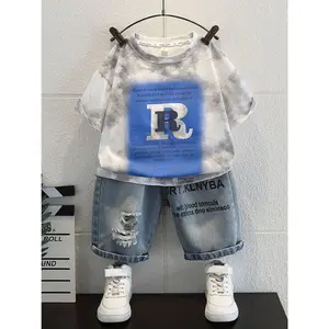 A Outfit Boys Consisting of a Short-Sleeve T-Shirt Featuring a New Tie-Dye Letter Design And Distressed Shorts, Outdoor