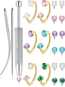 6-Piece Colorful Rhinestone Nose Ring Set with Piercing Tool, Nose Rings Hoops, 14k Gold Plated Hoop + Colored Zircon Earrings, Unisex Jewelry