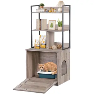 Pet Republic Cat Hidden Litter Box Enclosure W/Storage Shelves, 2-in-1 Tall Cat Litter Box Furniture Cat Washroom Cat House, Reversible Entrance, Gray