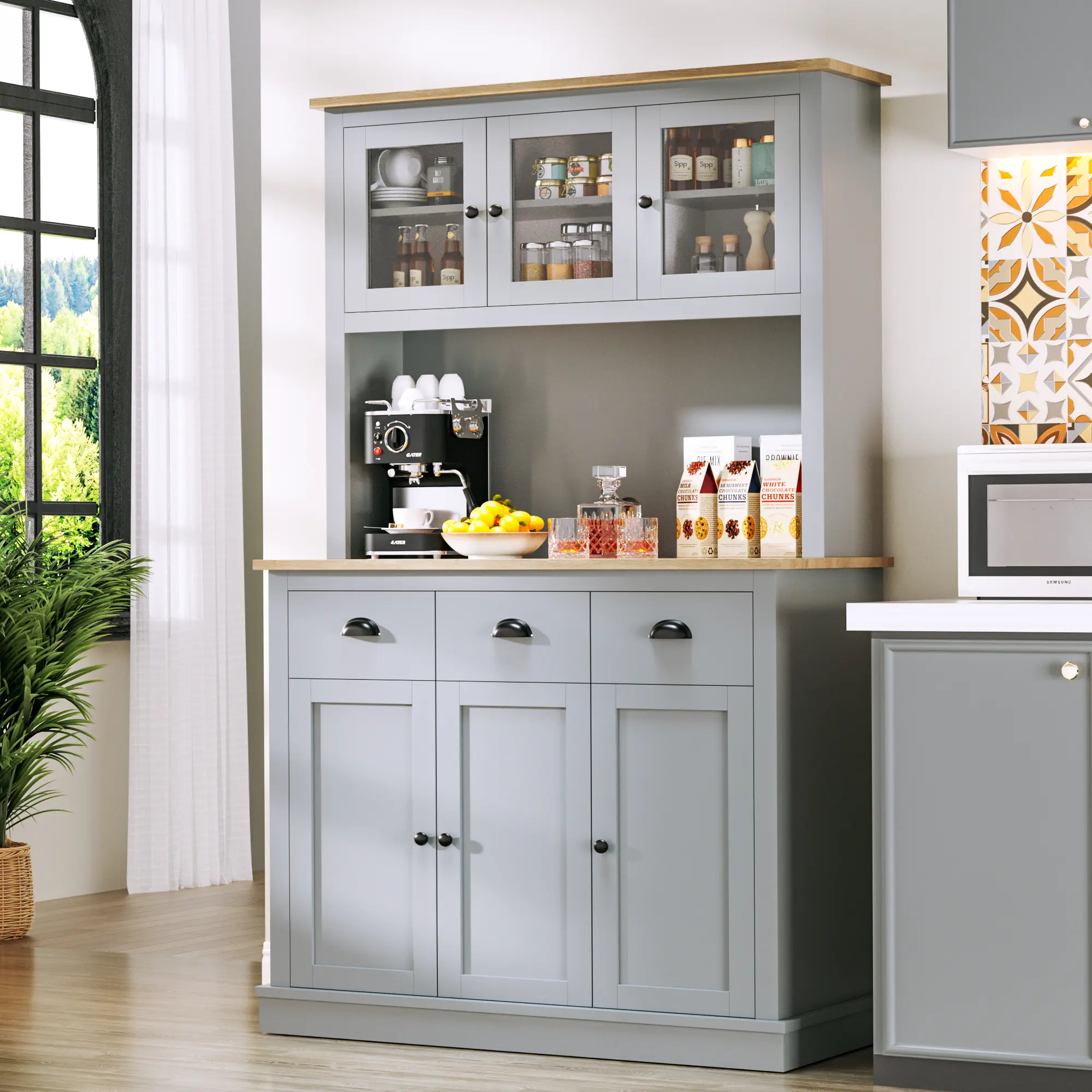 Topwin Gray Microwave Cabinet with 3 Drawers and 6 Doors–Multi-Function Storage Unit for Kitchen,Living Room,or Dining Area Furniture Modern Design