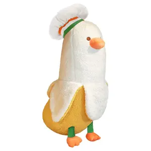 PEACH CAT Cute Banana Duck Stuffed Animal Long Banana Chef Duck Plush Pillow for Girls and Boys White 12"