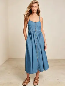 Women's Spaghetti Strap Denim Midi Dress, Casual Button Down A-Line Flowy Dress with Pockets, Elegant Summer Commute Outfit