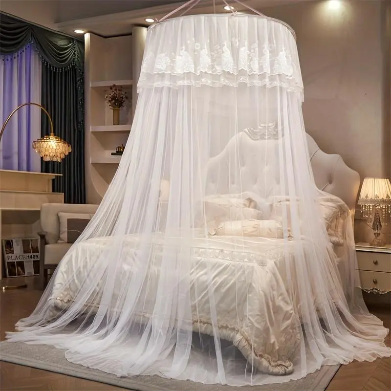 [Romantic Dome Hammock Net] 1pc Elegant Dome Hammock Mosquito Net - Romantic 360° Full Wrap, Easy Installation, Machine Washable, Polyester - Double-Layer Lace Design with Floral Patterns, Free Hooks Included, Available in Purple/White, Pin