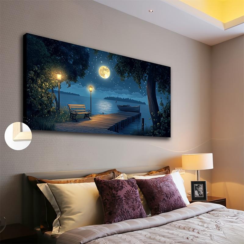 Wooden Framed Canvas Painting Large-sized framed canvas wall art, real and peaceful ship shore landscape painting, living room, bedroom, office, wedding and event decoration ocean-themed hanging painting, Wrapped in canvas