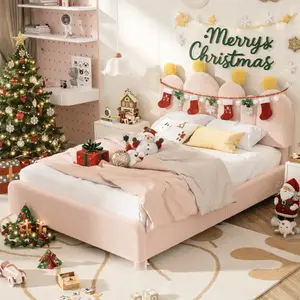 Lilypelle Twin/Full Boucle Bed Frame with Headboard – Cactus Upholstered Platform Bed for Kids, Rounded Corners, Solid Wood Slats, No Box Spring Needed