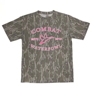 Mossy Oak Women's Casual Short-Sleeve Round Neck Polyester Printed Tee Top, Bottomland Camo with Pink Combat Logo Print